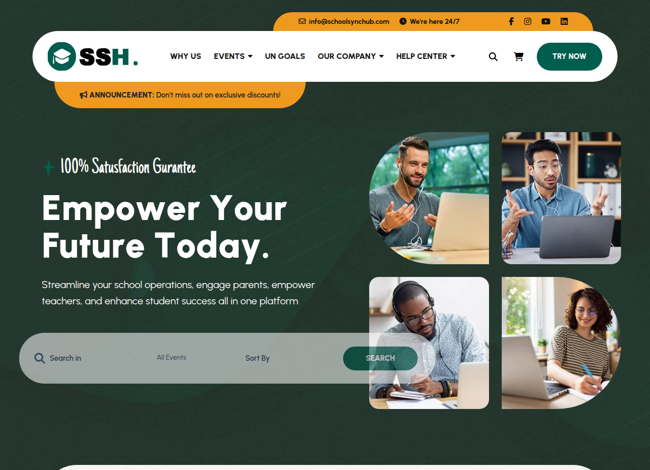 SchoolSyncHub dashboard showing an all-in-one school management interface